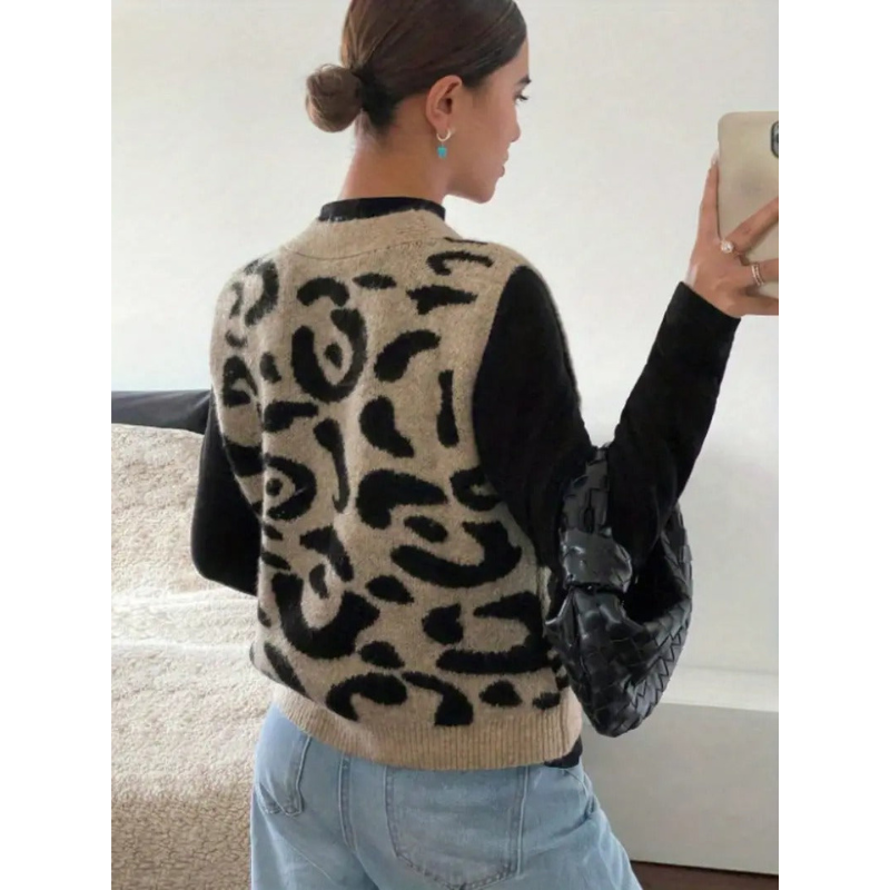 Dames Mouwloos Vest met Luipaardprint – V-hals