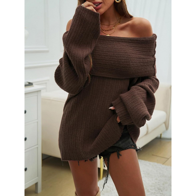Dames Off-Shoulder Gebreide Trui – Ribpatroon