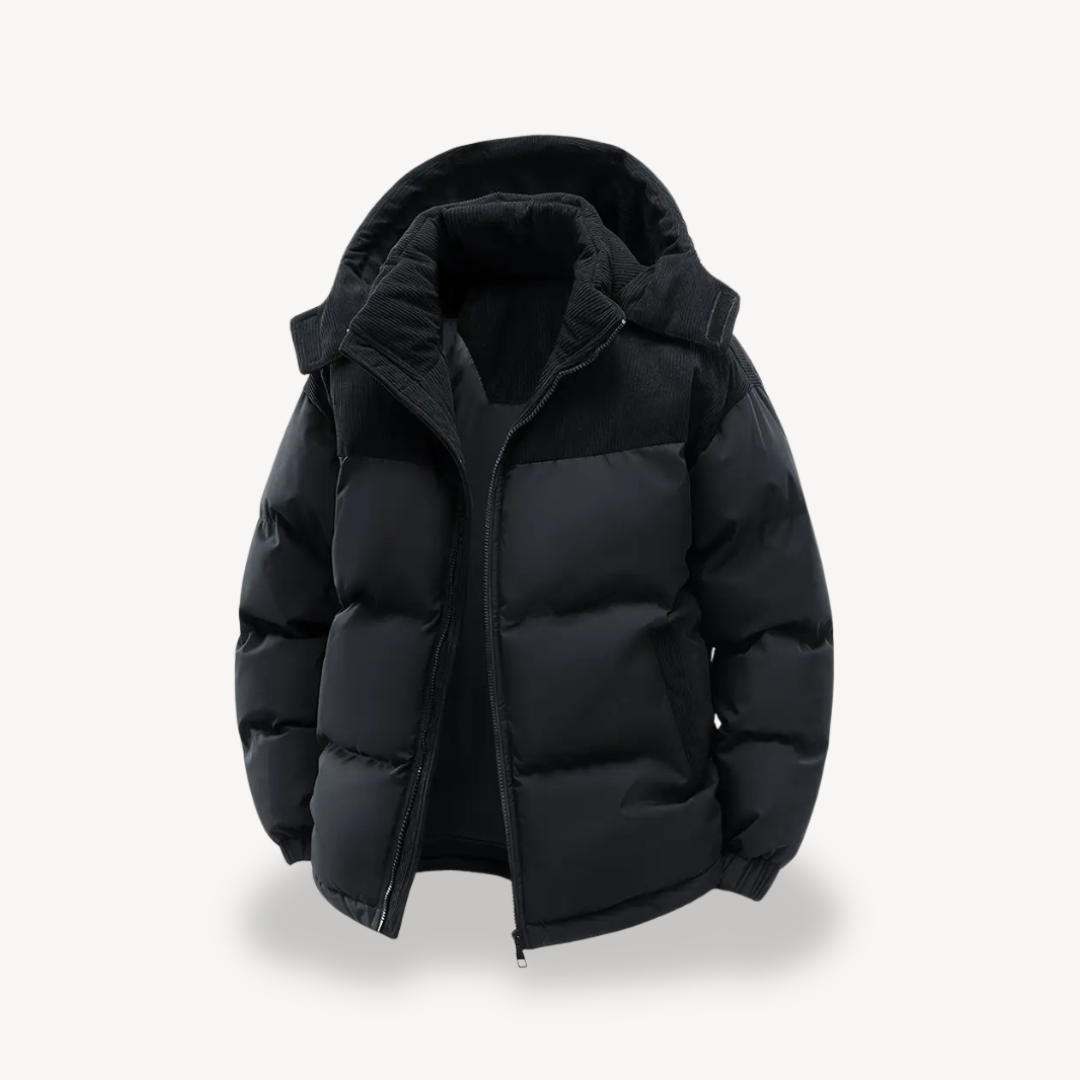 Heren Puffer Jas met Corduroy Capuchon – Warm en Stijlvol