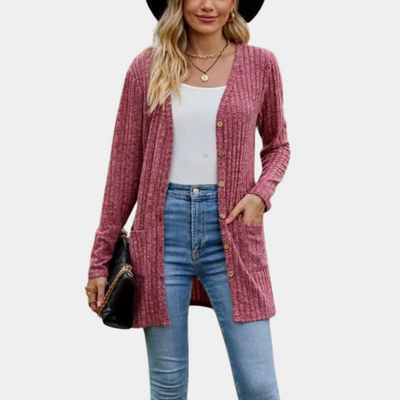 Lange Gebreide Rib Cardigan met Knopen