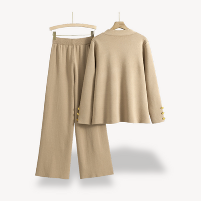 Dames Gebreide Twee-Delige Set – Cardigan & Wijde Pantalon