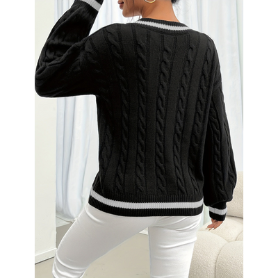 Dames Kabelgebreide Trui met Contrastboord – V-hals