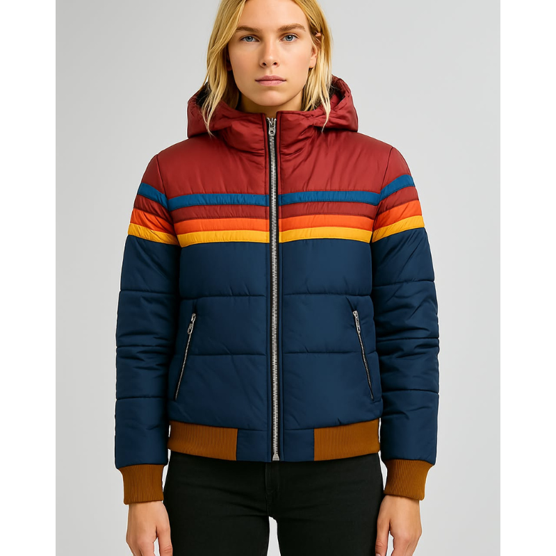 Dames Waterdichte Pufferjas met Capuchon – Kleurblok Winterjas