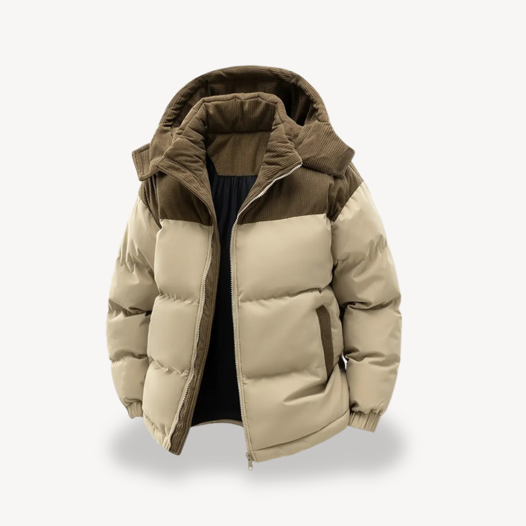 Heren Puffer Jas met Corduroy Capuchon – Warm en Stijlvol
