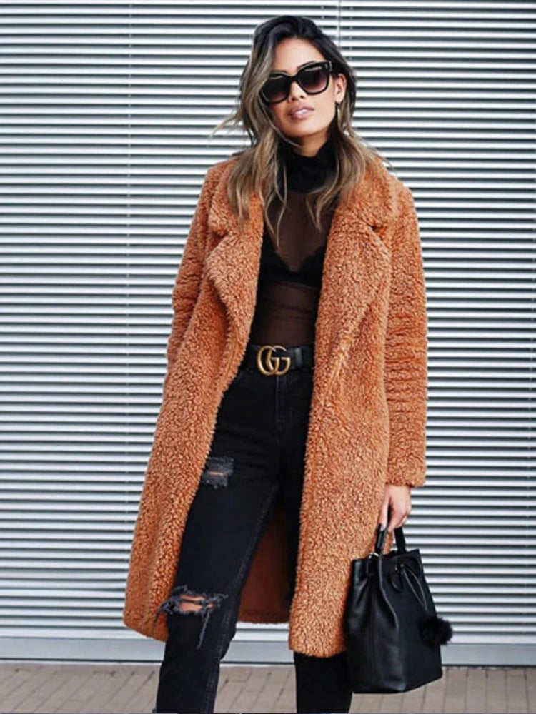 Dames Lange Oversized Teddy Winterjas met Reverskraag – Warm & Stijlvol