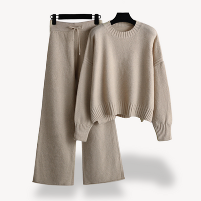 Dames Gebreide Lounge Set – Oversized Trui & Wijde Pantalon