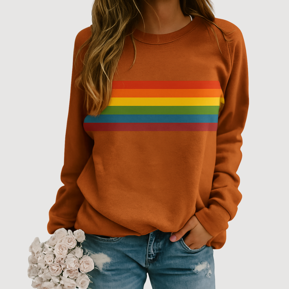 Dames Sweatshirt met Regenboogstrepen – Comfort & Kleur