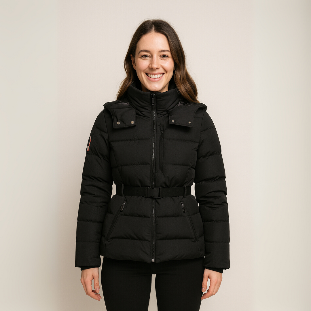 Dames Zwarte Puffer Jas – Gewatteerd met Riem & Hoge Kraag