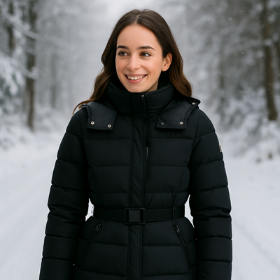 Dames Zwarte Puffer Jas – Gewatteerd met Riem & Hoge Kraag