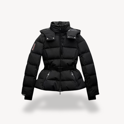 Dames Zwarte Puffer Jas – Gewatteerd met Riem & Hoge Kraag