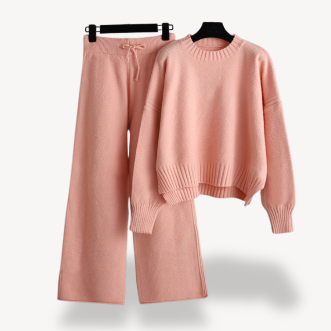 Dames Gebreide Lounge Set – Oversized Trui & Wijde Pantalon