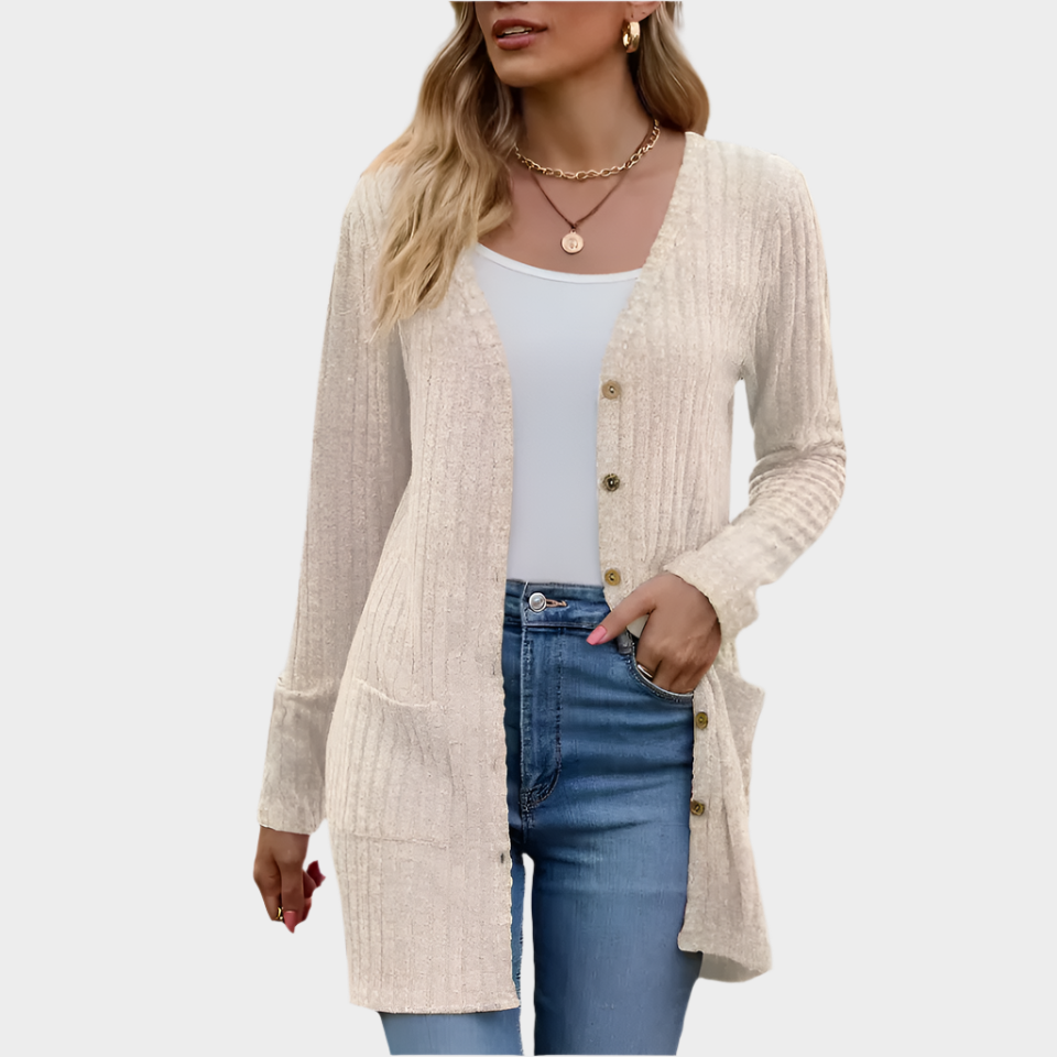 Lange Gebreide Rib Cardigan met Knopen