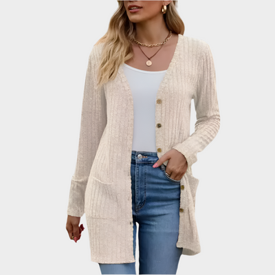 Lange Gebreide Rib Cardigan met Knopen