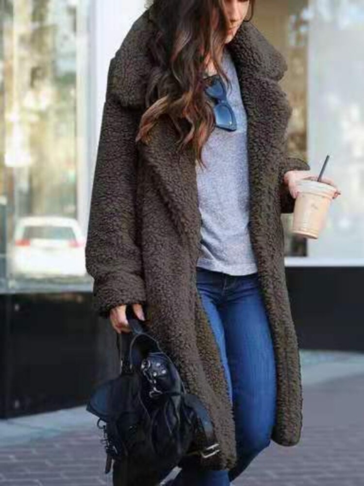 Dames Lange Oversized Teddy Winterjas met Reverskraag – Warm & Stijlvol