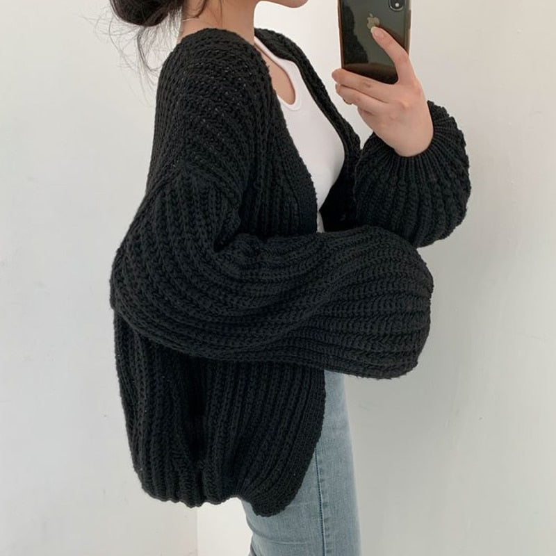Dames Chunky Knit Vest – Oversized met Ballonmouwen & Open Front