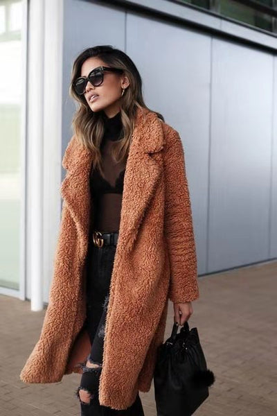 Dames Lange Oversized Teddy Winterjas met Reverskraag – Warm & Stijlvol