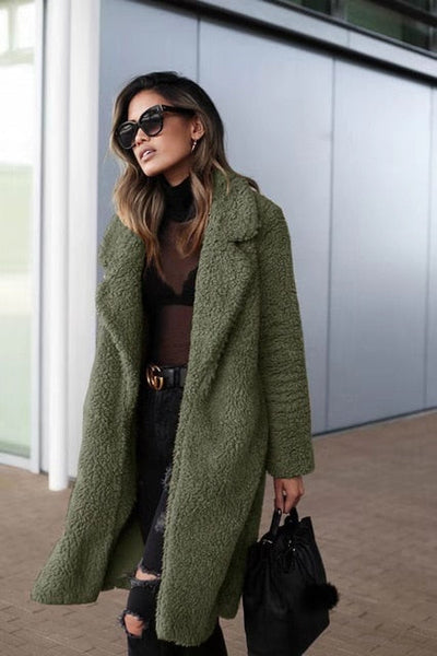 Dames Lange Oversized Teddy Winterjas met Reverskraag – Warm & Stijlvol