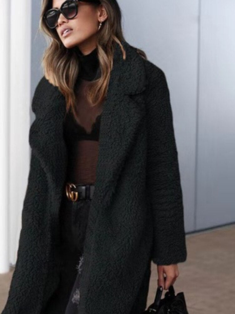 Dames Lange Oversized Teddy Winterjas met Reverskraag – Warm & Stijlvol