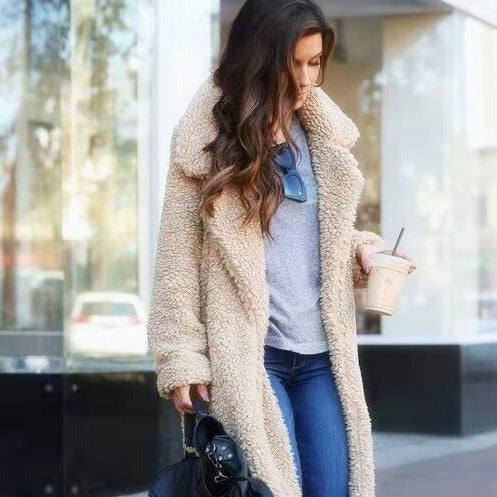 Dames Lange Oversized Teddy Winterjas met Reverskraag – Warm & Stijlvol