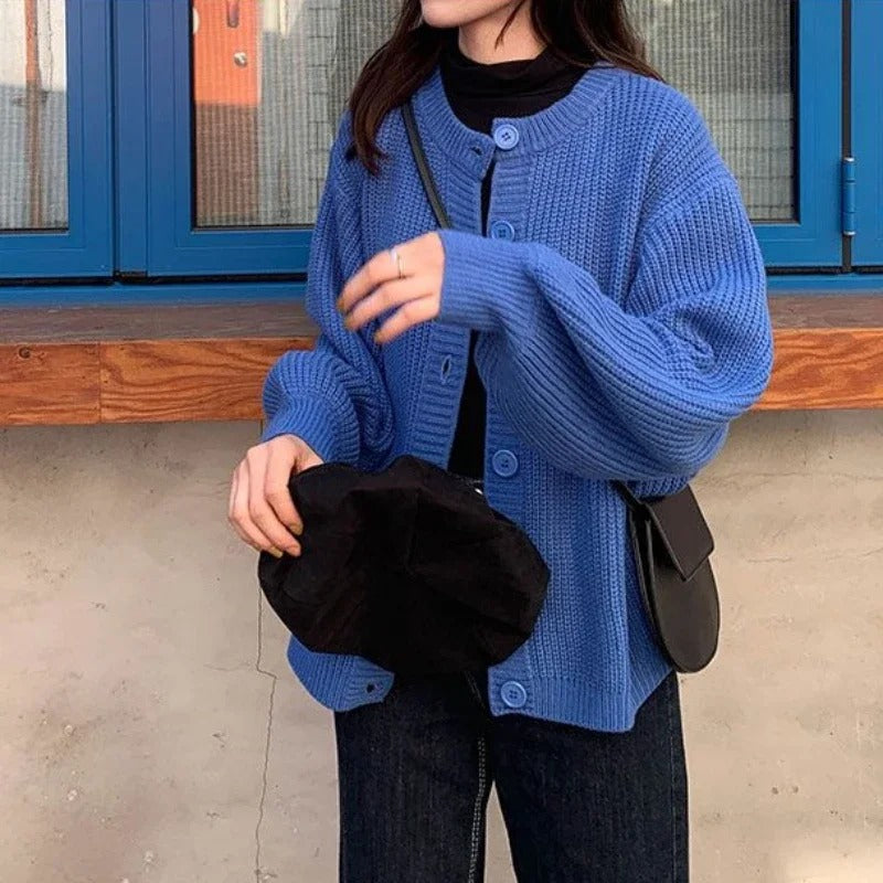 Dames Oversized Ribgebreid Vest – Blauw met Ballonmouwen