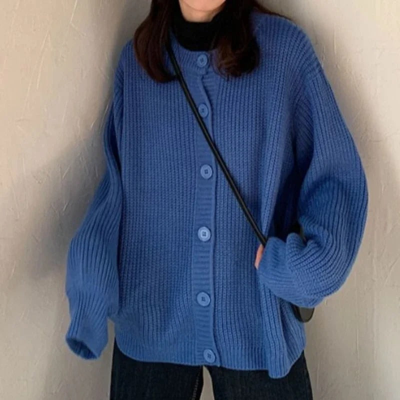 Dames Oversized Ribgebreid Vest – Blauw met Ballonmouwen
