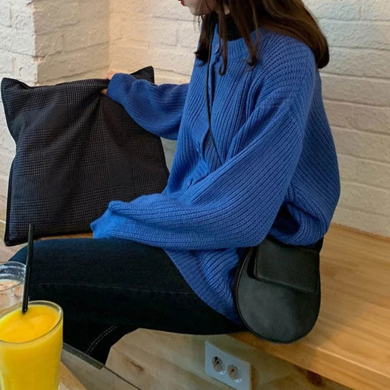 Dames Oversized Ribgebreid Vest – Blauw met Ballonmouwen