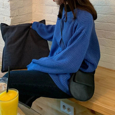 Dames Oversized Ribgebreid Vest – Blauw met Ballonmouwen