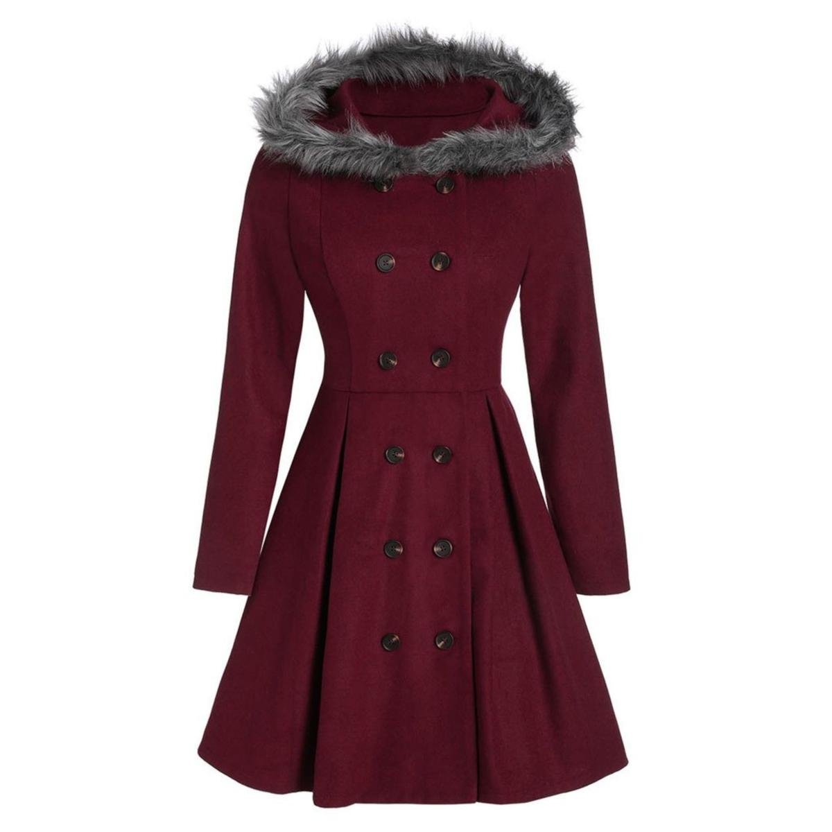Dames Wintermantel met Bontkraag – Dubbelrijige Elegantie