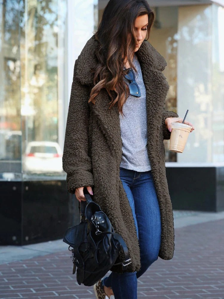 Dames Lange Oversized Teddy Winterjas met Reverskraag – Warm & Stijlvol