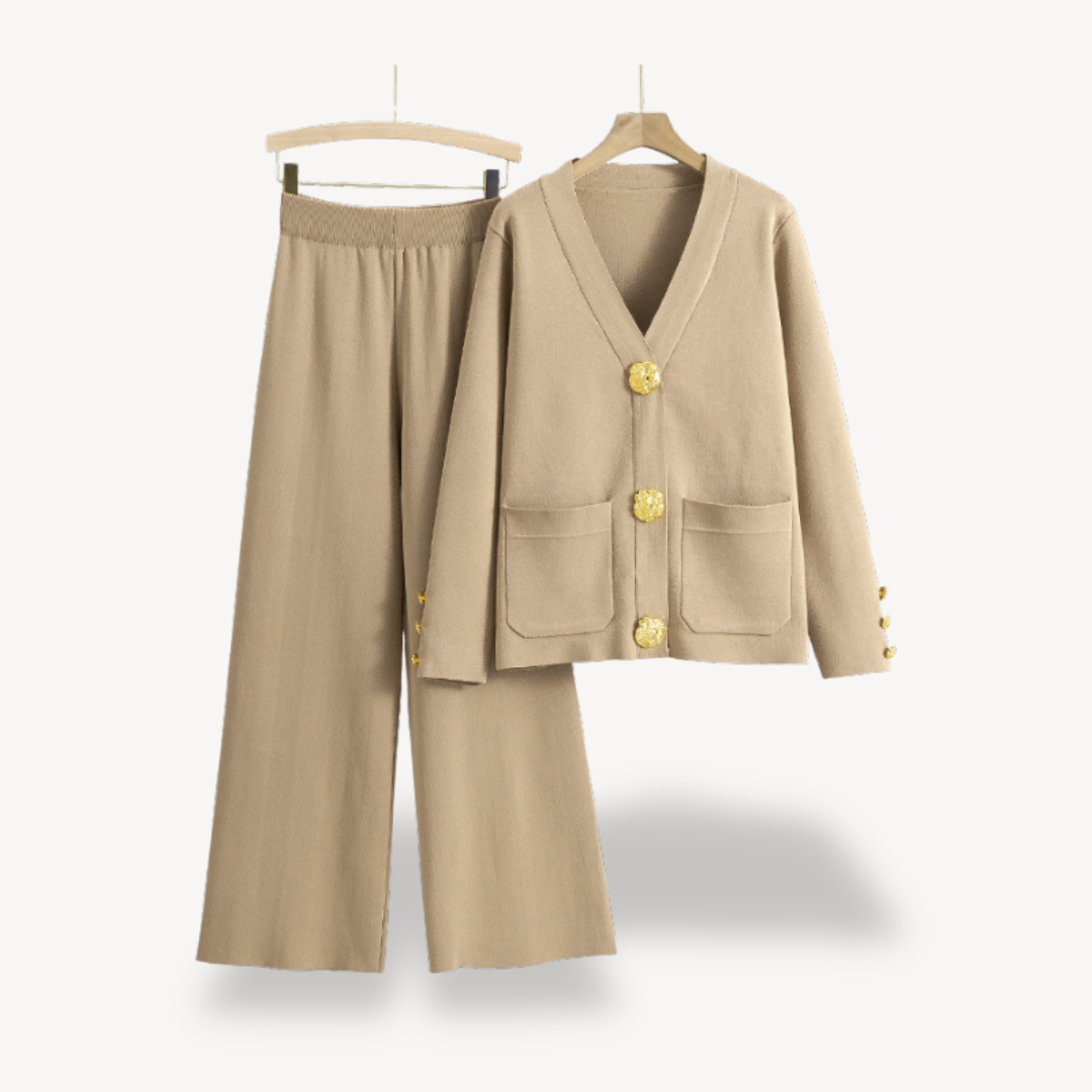 Dames Gebreide Twee-Delige Set – Cardigan & Wijde Pantalon