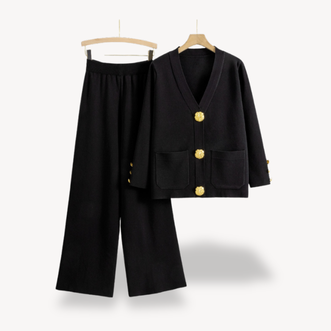 Dames Gebreide Twee-Delige Set – Cardigan & Wijde Pantalon