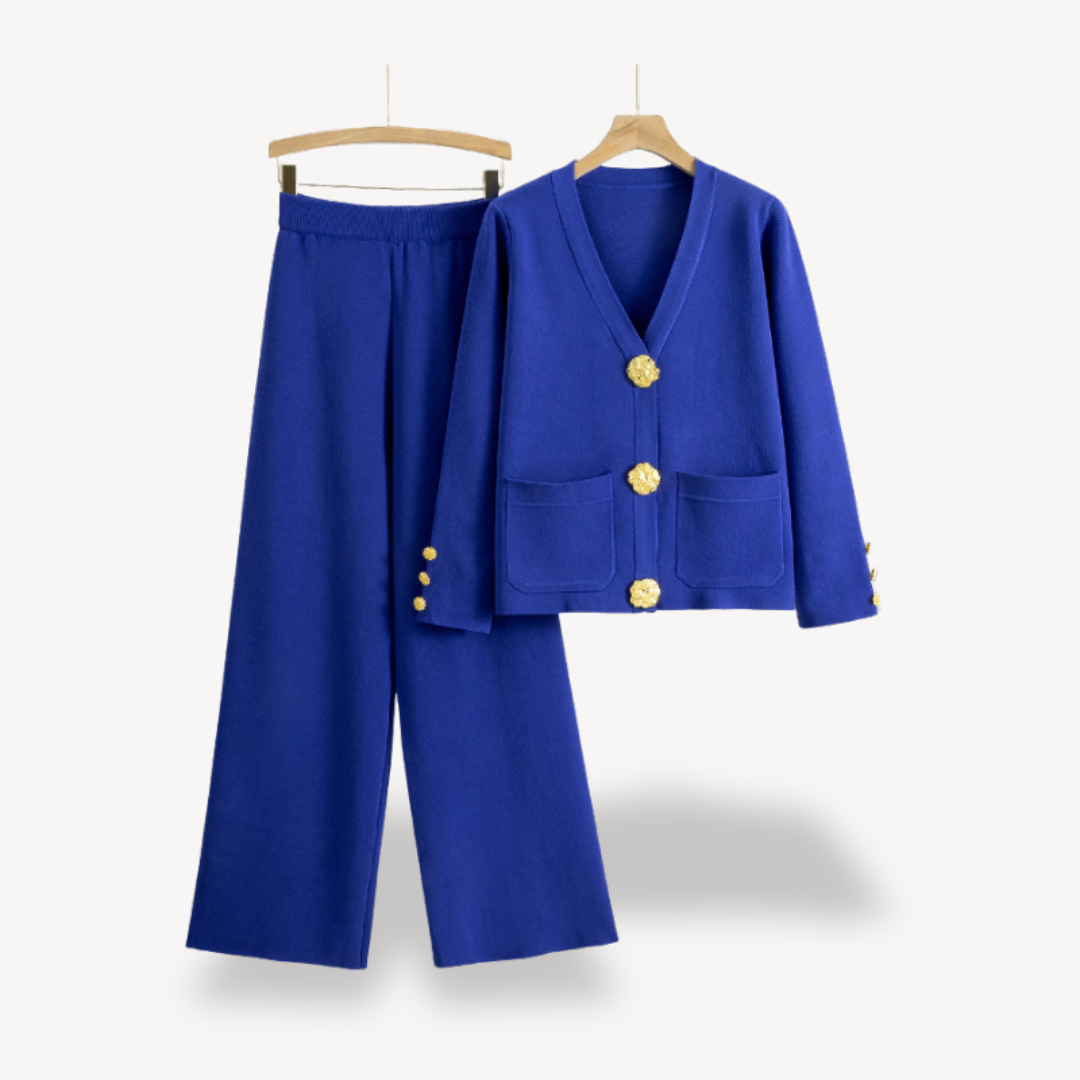 Dames Gebreide Twee-Delige Set – Cardigan & Wijde Pantalon