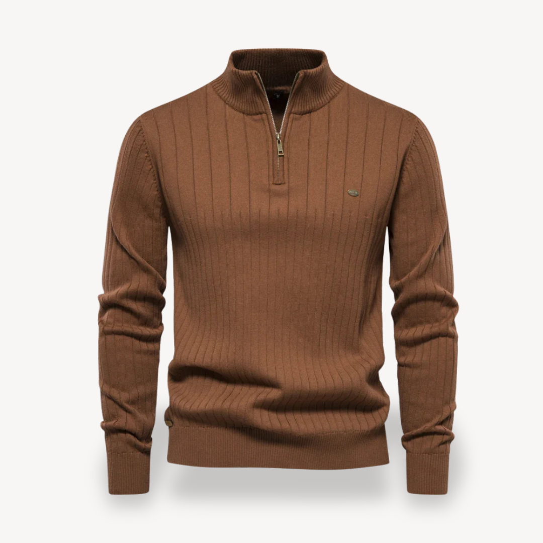 Heren Geribde Katoenen Half-Zip Trui