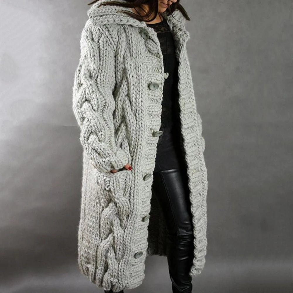 Dames Gebreide Wintermantel – Warm, Stijlvol & Met Capuchon