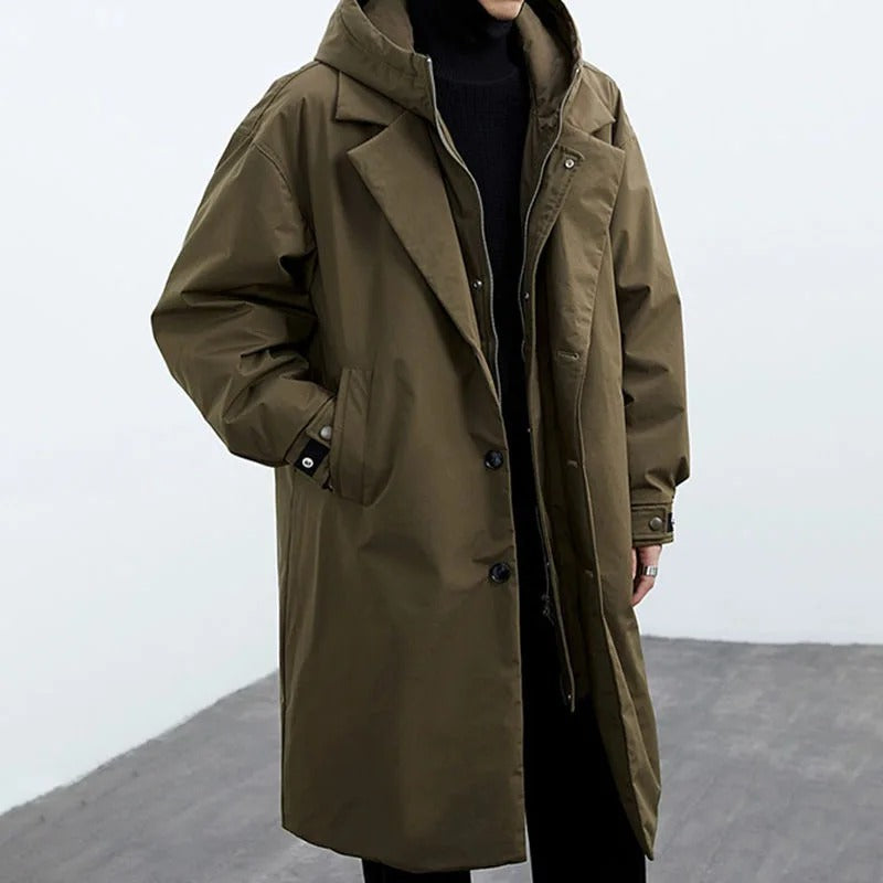 Heren Lange Waterdichte Puffer Trenchcoat met Capuchon