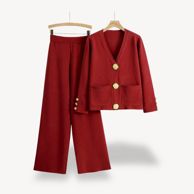 Dames Gebreide Twee-Delige Set – Cardigan & Wijde Pantalon