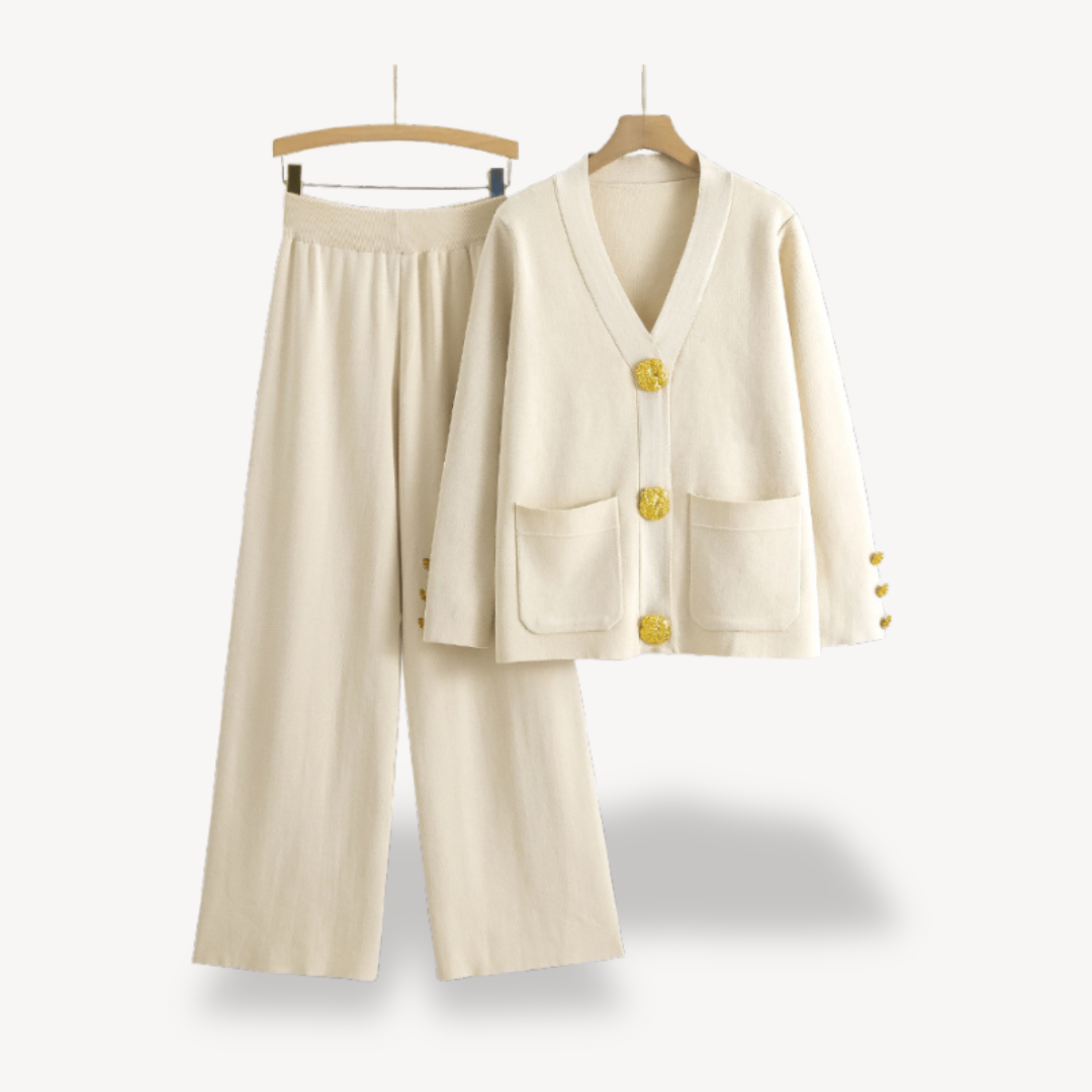 Dames Gebreide Twee-Delige Set – Cardigan & Wijde Pantalon